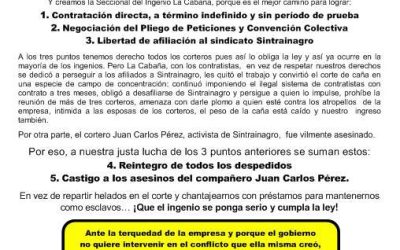 comunicado de la organización sindical de los Corteros de caña, SINTRAINAGRO
