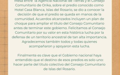 Reivindicamos este logro histórico: el predio conocido como Hotel Casa Blanca permanecerá bajo el control del Consejo Comunitario de Orika