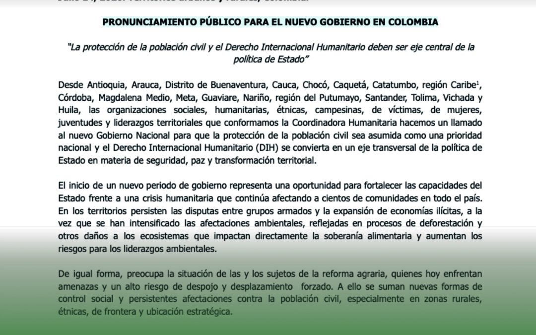 PRONUNCIAMIENTO PÚBLICO PARA EL NUEVO GOBIERNO EN COLOMBIA