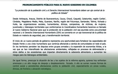 PRONUNCIAMIENTO PÚBLICO PARA EL NUEVO GOBIERNO EN COLOMBIA